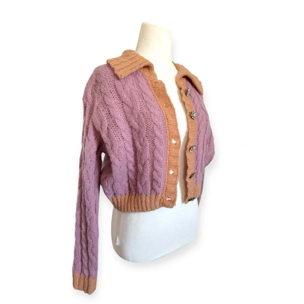 Lush Pink Orange Contrast Trim Cable Knit Cropped Cardigan Small Fairy Indie Fun - Picture 2 of 6